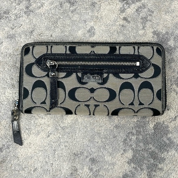 Coach Signature Monogram Long Zip Around Wallet Gray Black Metallic Silver - Picture 1 of 17